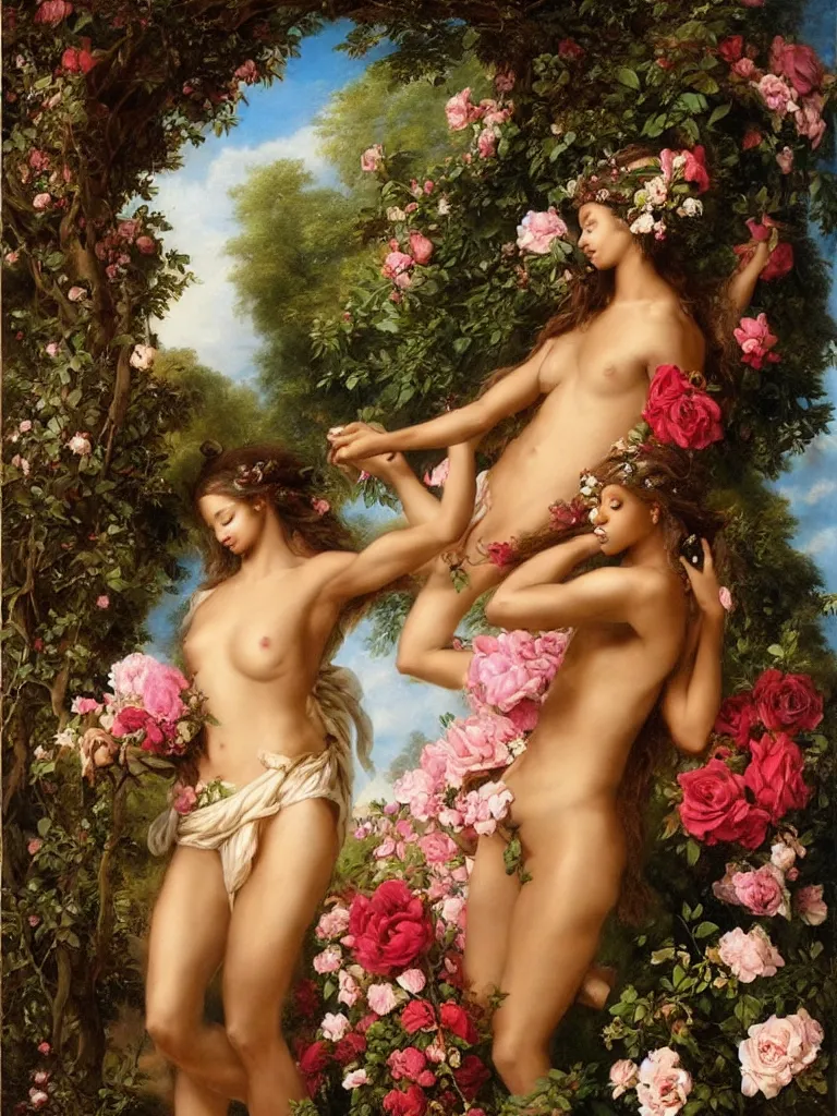 Prompt: jasmine tookes the goddess of love : : background of roses, myrtle, doves : : rococo, academicism