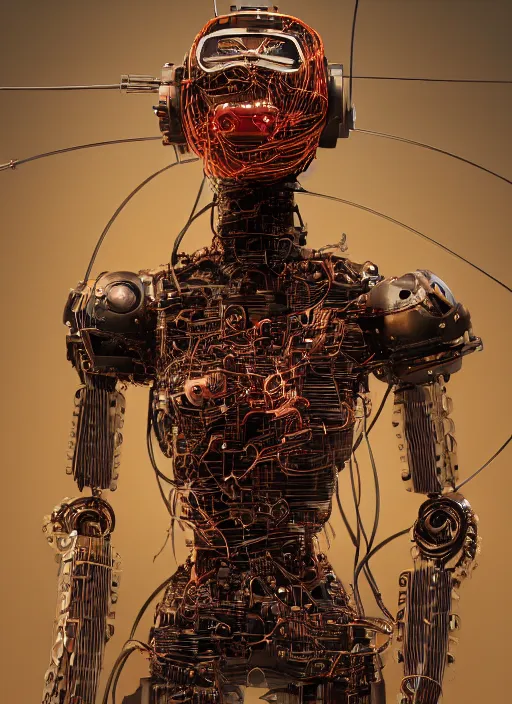 Prompt: Techno-biological rusty Japanese robot geisha consisting of wires and actuators. Biopunk, body armor, high detail, photorealism, full length view, concept art, dark background, irobot, AI (film), bladerunner 2049, Dan Mumford, Quixel Megascans, kanji tattoos and decals, octane render, 16k, 8k