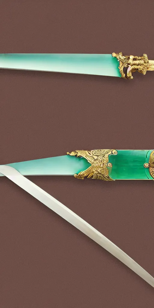 Image similar to photograph of a wide green and teal crystal sword blade attached to a big gold sword hilt