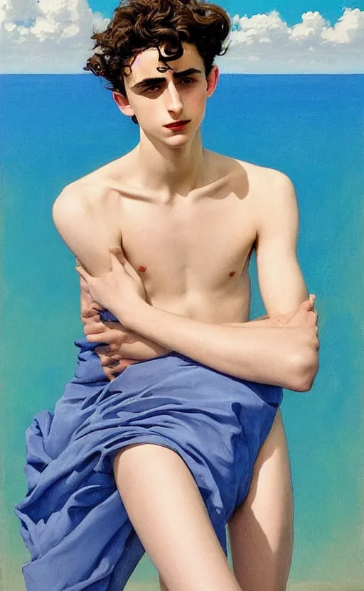 Prompt: Timothee Chalamet, the most beautiful androgynous man in the world, intense painting, sunny day at beach, tropical island, +++ super supper supper dynamic pose,  digital art, +++ +++ quality j.c. leyendecker, limited edition, shiny, ++++ super veiny hands, thick eyebrows, masculine appeal high fashion, wearing orange sunglasses, crystal blue eyes, louis vuitton suit, very very very rich, smirking, too good for you, above your standards, out of your league