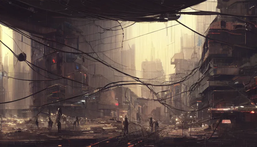 Image similar to a detailed concept painting of half a robot torso hanging by wires in a desolate cyberpunk environment filled with computers, soft lighting, digital art, artstation, oil on canvas