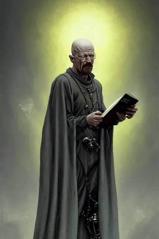 Image similar to painting of walter white as a cloaked tech priest holding a book, adeptus mechanicus!, cybernetic enhancements attached to his body, praise the omnissaiah, zdzislaw beksinski, lewis jones, mattias adolfsson, warhammer 4 0 k!!, cold hue's, warm tone gradient background, concept art, digital painting