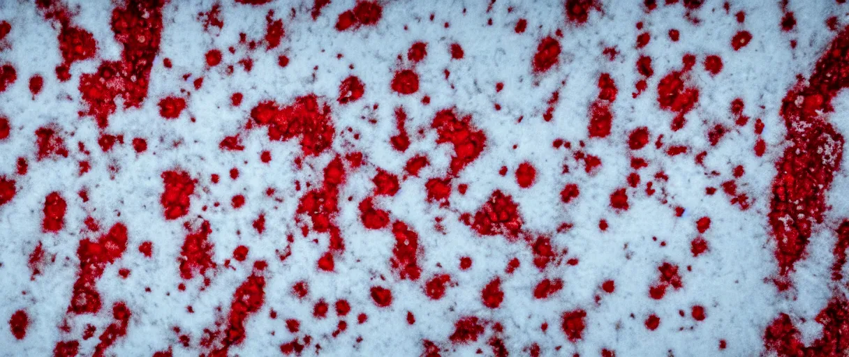 Image similar to top view extreme closeup movie like 3 5 mm film photograph of blood splattered onto the snow in antarctica at night, very dimly lit, in the style of macro photography