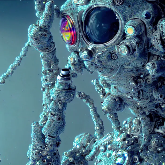 Image similar to a cybernetic symbiosis of a single astronaut mech-organic eva suit made of pearlescent wearing knitted shiny ceramic multi colored yarn thread infected with diamond 3d fractal lace iridescent bubble 3d skin dotted covered with orb stalks of insectoid compound eye camera lenses floats through the living room, film still from the movie directed by Denis Villeneuve with art direction by Salvador Dalí, wide lens,kevlar,carbon fiber,ceramics,gaseous materials,