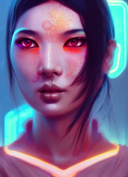 Image similar to sensual oriental female humanoid with freckles, by loish, d & d, fantasy, cyber neon lighting, futurism, intricate futuristic jewelry accessories, cyberpunk high fashion, profile posing, hyper photorealistic, digital photography, artstation, pinterest, concept art, art by pascal blanche and greg rutkowski,