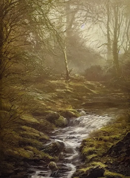 Image similar to there is a place in wales, tucked out of view magic happens, only seen by a few. for just one day, for only just one hour. the last summer ’ s day break at gelli aur. there you must follow a winding trout stream. search all the oaks with a tiny light beam, inspired be greg rutkowski