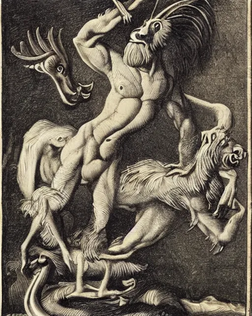 Prompt: a creature with the body of a man, beak of an eagle, the mane of a lion, and the horns of an ox. drawn by francis bacon