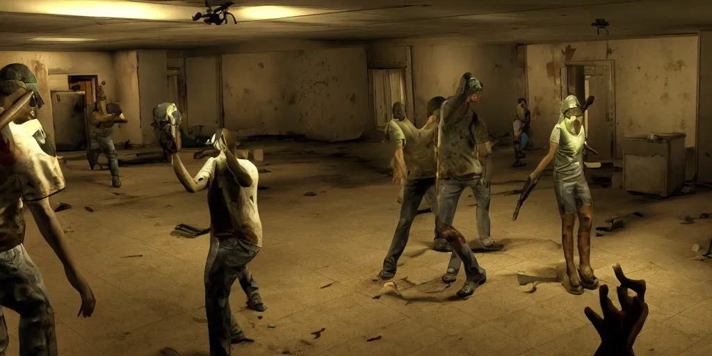 Image similar to still frame from the video game left 4 dead 3, award - winning, stunningly realistic, volumetric lighting, coherent, no artifacts, cinematic, atmospheric, studio quality