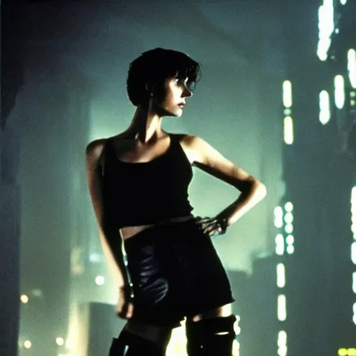Prompt: jennifer connely photograph by ridley scott, sexy black shorts, wearing black boots, wearing a cropped top, 4 k quality, blade runner, highly detailed, realistic, intense, cyberpunk