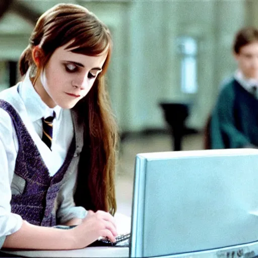 Prompt: Still from Harry Potter movies, Emma Watson using a computer during school