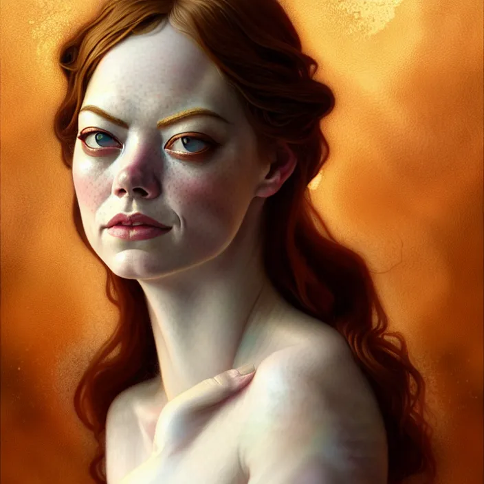 Image similar to ancient queen emma stone, symetrical, diffuse lighting, fantasy, intricate, elegant, highly detailed, lifelike, photorealistic, digital painting, artstation, illustration, concept art, 4 k, smooth, sharp focus, art by john collier and albert aublet and krenz cushart and artem demura and alphonse mucha