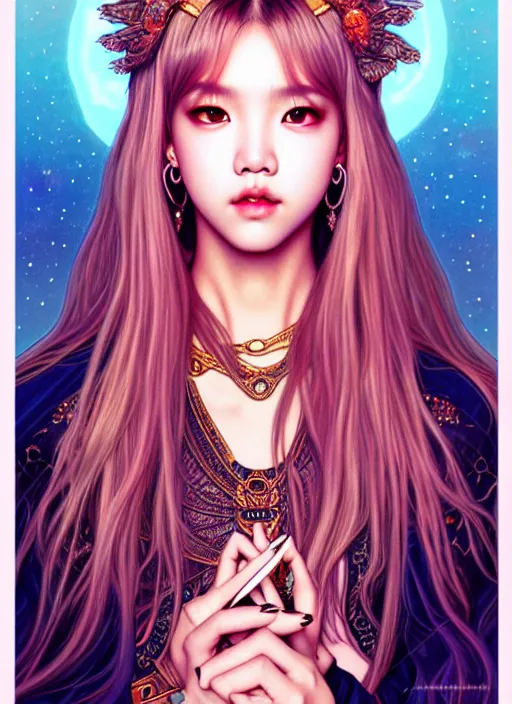 Image similar to lalisa manoban of blackpink, goddess of the moon, tarot card, highly detailed, digital painting, smooth, sharp focus, illustration, ultra realistic, 8 k, art by artgerm and alphonse mucha