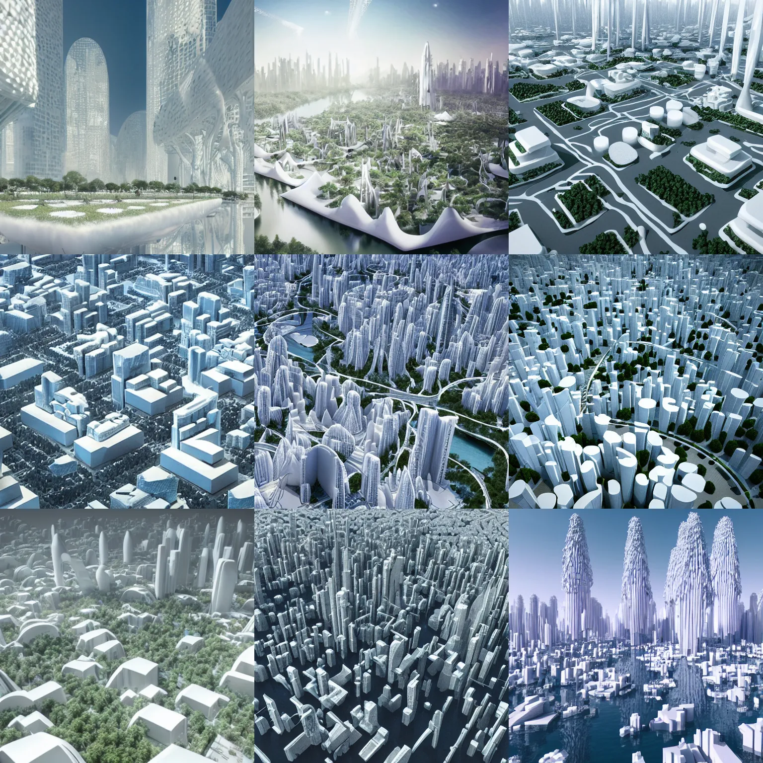 Prompt: white futuristic city with floating forest islands