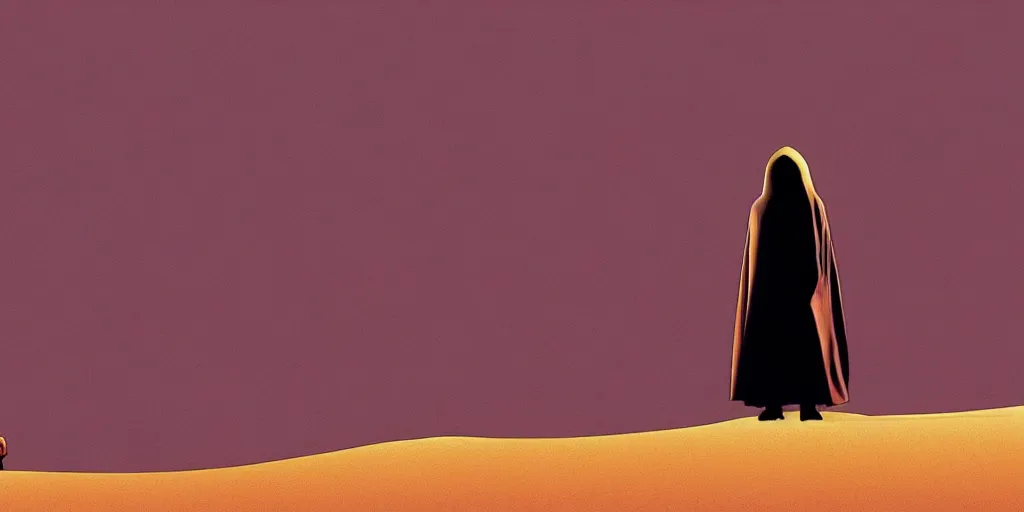 Image similar to android in cloak standing in dunes illustration by moebius