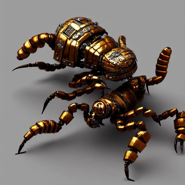 Image similar to steampunk robot scorpion, 3 d model, unreal engine realistic render, 8 k, micro detail, intricate, elegant, highly detailed, centered, digital painting, artstation, sharp focus