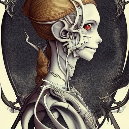 Image similar to anime manga skull profile young woman skeleton, elf, galadriel, Tolkien, unreal engine, intricate, elegant, highly detailed, digital art, art by JC Leyendecker and sachin teng