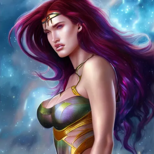 Image similar to ultra realistic illustration, bella thorne as megan fox as starfire anime, intricate, elegant, highly detailed, digital painting, artstation, concept art, smooth, sharp focus, illustration, art by artgerm and greg rutkowski and alphonse mucha