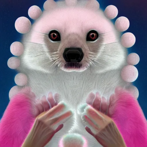 Prompt: white mink with head surrounded by pink circle made of chromosomes and bacteria matte art hd lilia alvarado 8k starring at camera symmetrical mink face bacteria chromosomes matte