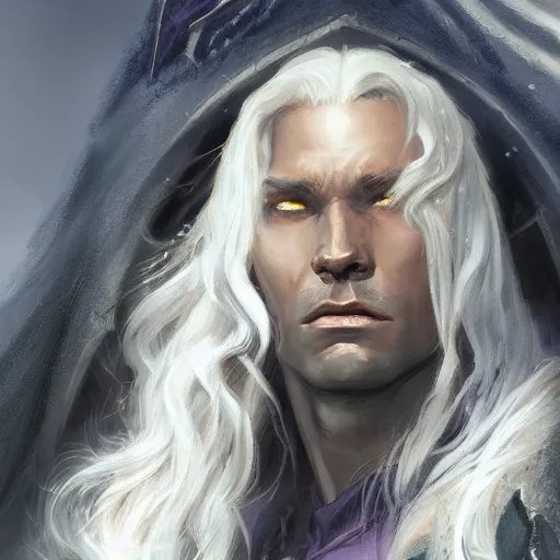 Prompt: closeup portrait drizzt do'urden, black skin, drow, lavender eyes, dungeons and dragons character, castle background, gorgeous view, realistic, high detail, digital art, painted by greg rutkowski, painted by jeremy mann, trending on artstation