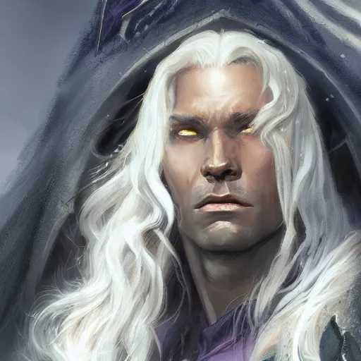 Image similar to closeup portrait drizzt do'urden, black skin, drow, lavender eyes, dungeons and dragons character, castle background, gorgeous view, realistic, high detail, digital art, painted by greg rutkowski, painted by jeremy mann, trending on artstation