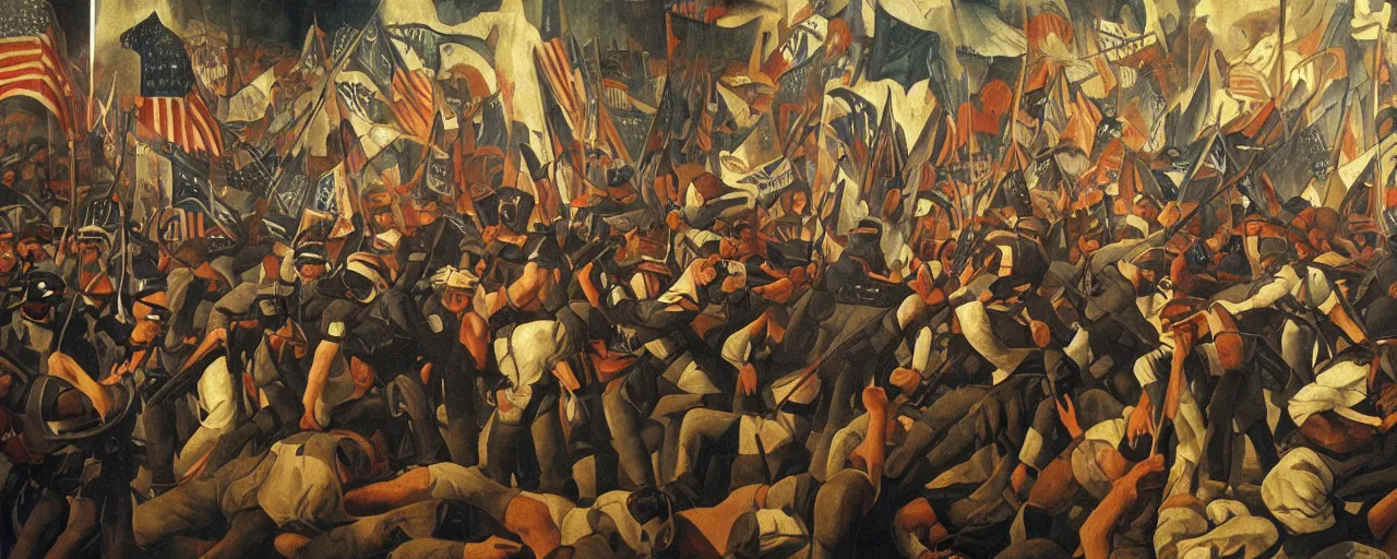 Prompt: rioters holding american flags and fighting armed police forces, dramatic renaissance mural by diego rivera, chiaroscuro muted colors