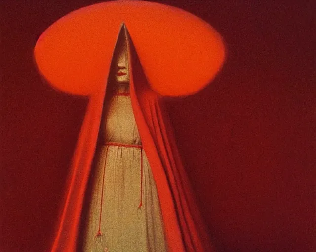 Image similar to devotion to the scarlet woman, priestess in a conical hat, coronation, ritual, sacrament, by francis bacon, beksinski, mystical redscale photography evocative.