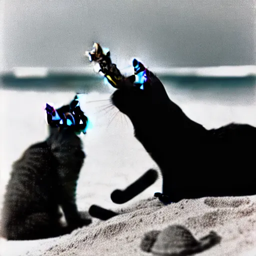 Image similar to a cat lighting a cigar on a beach in 1980, 30mm film