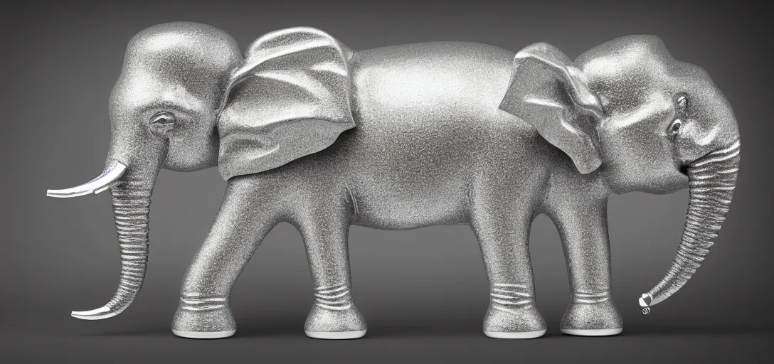 Image similar to a wide shot of transparent silver handcrafted elephant, electric lights inside the elephant, jewelry lighting, studio lighting, dark background, photorealistic, octane render, unreal engine