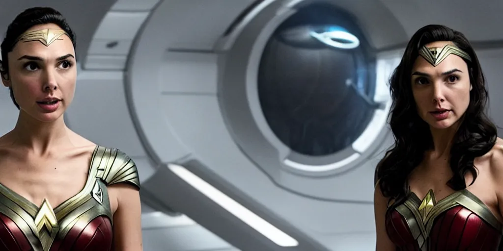 Image similar to Gal Gadot, in full starfleet uniform, is the captain of the starship Enterprise in the new Star Trek movie