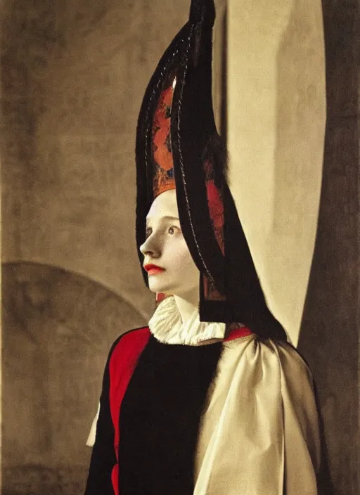 Image similar to portrait of young woman in renaissance dress and renaissance headdress, art by henri cartier - bresson