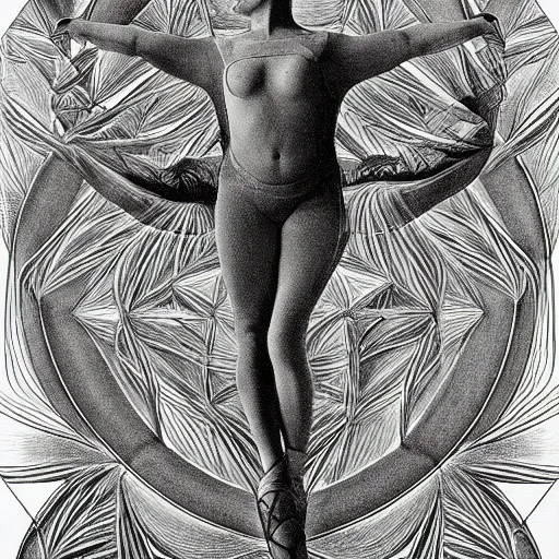 Image similar to hyper detailed bw linear pencil drawing, woman ballet dancer, organic symmetric shapes by ernst haeckel