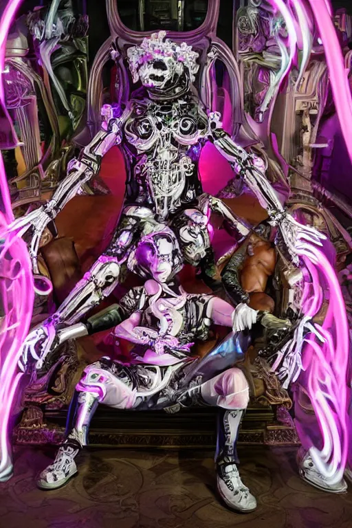 Image similar to full-body rococo and cyberpunk style neon statue of a muscular attractive Roberto macho dotado e rico android sim roupa reclining con las piernas abertas e la piroca dura, glowing white laser eyes, prince crown of pink gears, diamonds, swirling silver-colored silk fabric. futuristic elements. full-length view. space robots. human skulls. intricate artwork by caravaggio. Trending on artstation, octane render, cinematic lighting from the right, hyper realism, octane render, 8k, depth of field, 3D