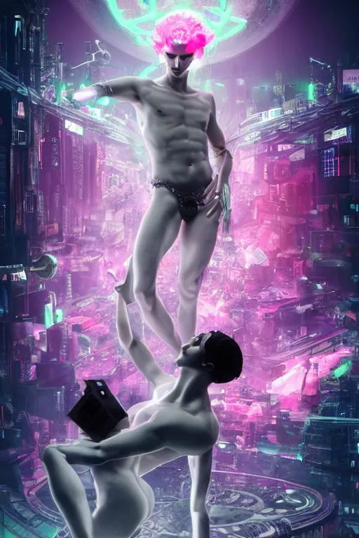 Prompt: full-body rococo and cyberpunk style sculpture of a young handsome seductive Italian android reaching for the sky shirtless, glowing pink laser eyes, crown of white gears and diamonds, swirling green-colored silk fabric. futuristic elements. full-length view. intricate artwork by caravaggio. Trending on artstation, octane render, cinematic lighting from the right, hyper realism, octane render, 8k, depth of field, 3D
