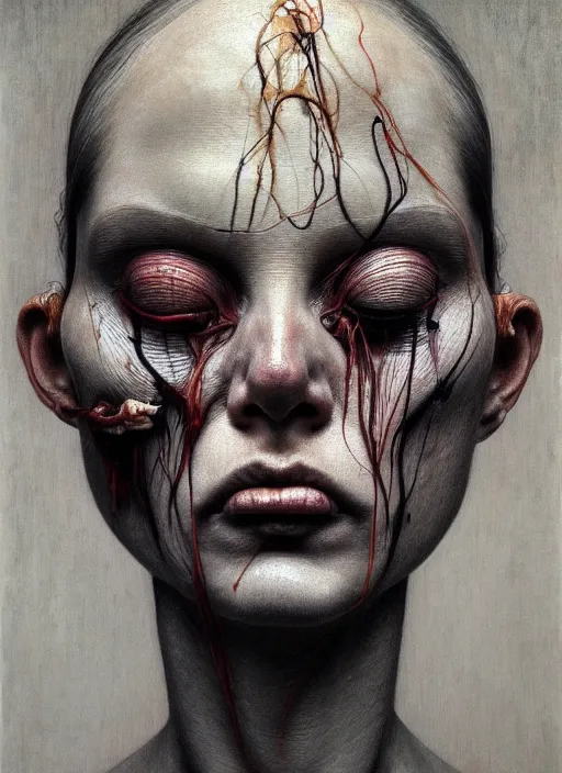 Image similar to there is ugliness in beauty, but there is also beauty in ugliness detailed portrait painting inspired by beksinski and alex gray, accurate anatomy by jenny saville, edward hopper trending on artstation. 8 k