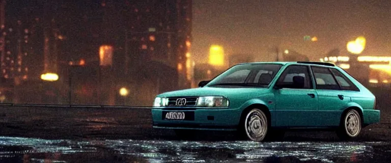 Image similar to Aqua Metallic Audi 80 RS 2 Avant (1995), black car, a gritty neo-noir, dramatic lighting, cinematic, establishing shot, extremely high detail, photorealistic, cinematic lighting, artstation, by simon stalenhag, Max Payne (PC) (2001) winter new york at night, flashing lights, Poets of the Fall - Late Goodbye