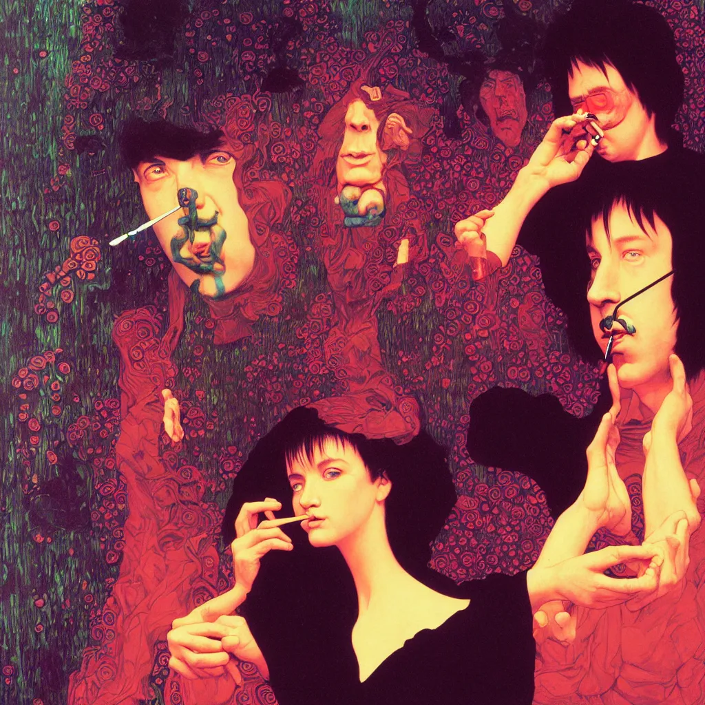 Image similar to weird and disturbing portrait of bill hicks smoking, vivid colors, neon, art by ( ( ( kuvshinov ilya ) ) ) and wayne barlowe and gustav klimt and artgerm and wlop and william - adolphe bouguereau