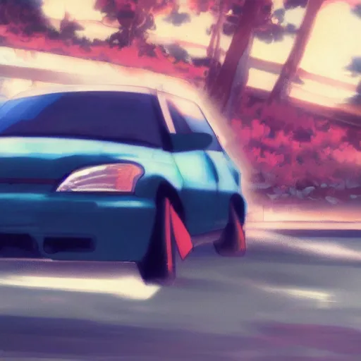 Image similar to close up of a high definition anime guy with short dark blue hair and black streetwear clothing riding a dark red 1996 Hyundai Accent car with armenia quindio in the background, Artwork by Makoto Shinkai, pixiv, 8k, official media, wallpaper, hd