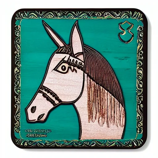 Image similar to https://cdn.discordapp.com/attachments/989739627244048384/1006379547937210528/Garbonzo_a_fancy_wooden_plaque_that_says_The_Mule_on_it_realist_428cc2f1-fcbb-4677-9a55-e7042bff826e.png wooden portrait of a mule, highly detailed, strikingly beautiful, captivating