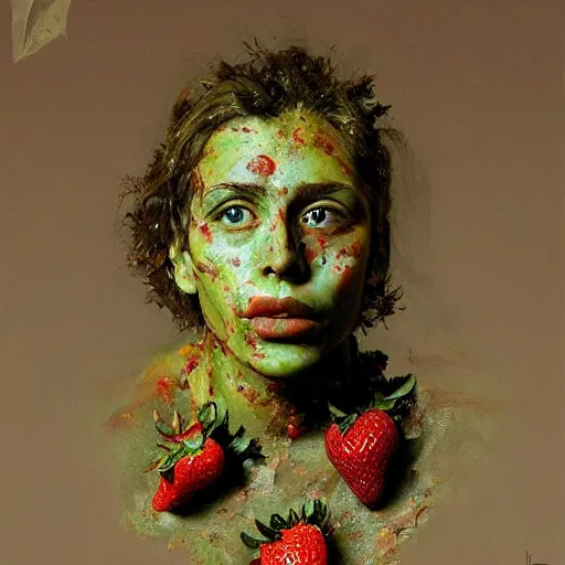 Image similar to a sculpture portrait made of kiwi and strawberries and mud and plants, painting part by wojciech siudmak, part by ilya repin, part by max ernst, part by norman rockwell, artstation