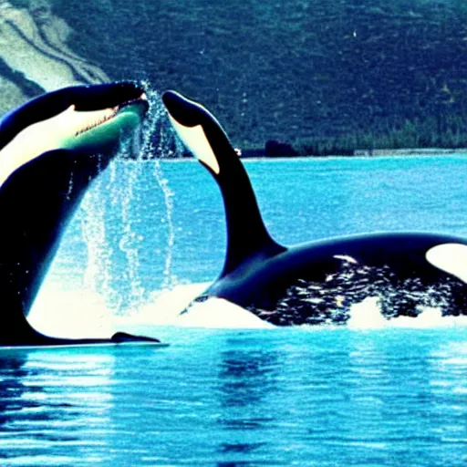 Prompt: ryan gosling in swimming trunks and cyberpunk style goggles rides a killer whale in a lava lake, photo