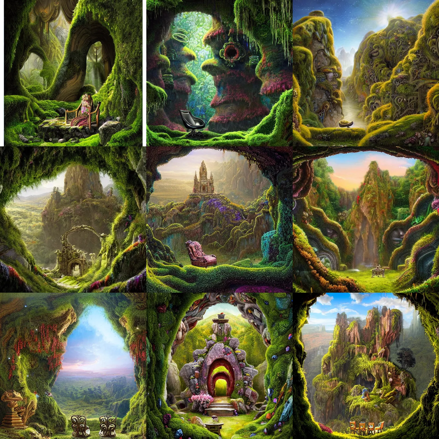 Prompt: a masterpiece matte painting of a large stone chair with multi-colored gemstones on top surrounded by six smaller stone chairs with multi-colored gemstones on their tops, set within a cave of carvings and moss cut into the side of a hill covered in grass and moss with a parted curtain of vines, set within an alien landscape by Pail Lehr and Dan Mumford and Dan Hillier, vray rendered, 8k resolution, enormous scale