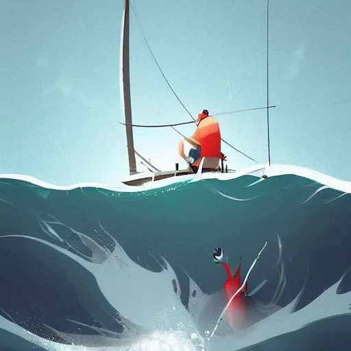 Image similar to Some fishermen struggling not to sink in a small sailboat in the middle of the furious raging ocean, ilustration art by Goro Fujita