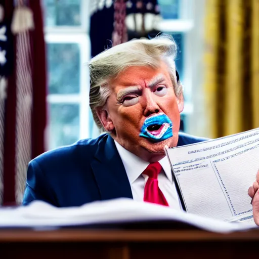 Prompt: candid portrait photo of president trump at his desk shoving crumpled papers into his mouth, chewing paper, eating paper, detailed portrait, 4 k, megapixel, sony a 7 s, f / 8, 2 4 mm lens