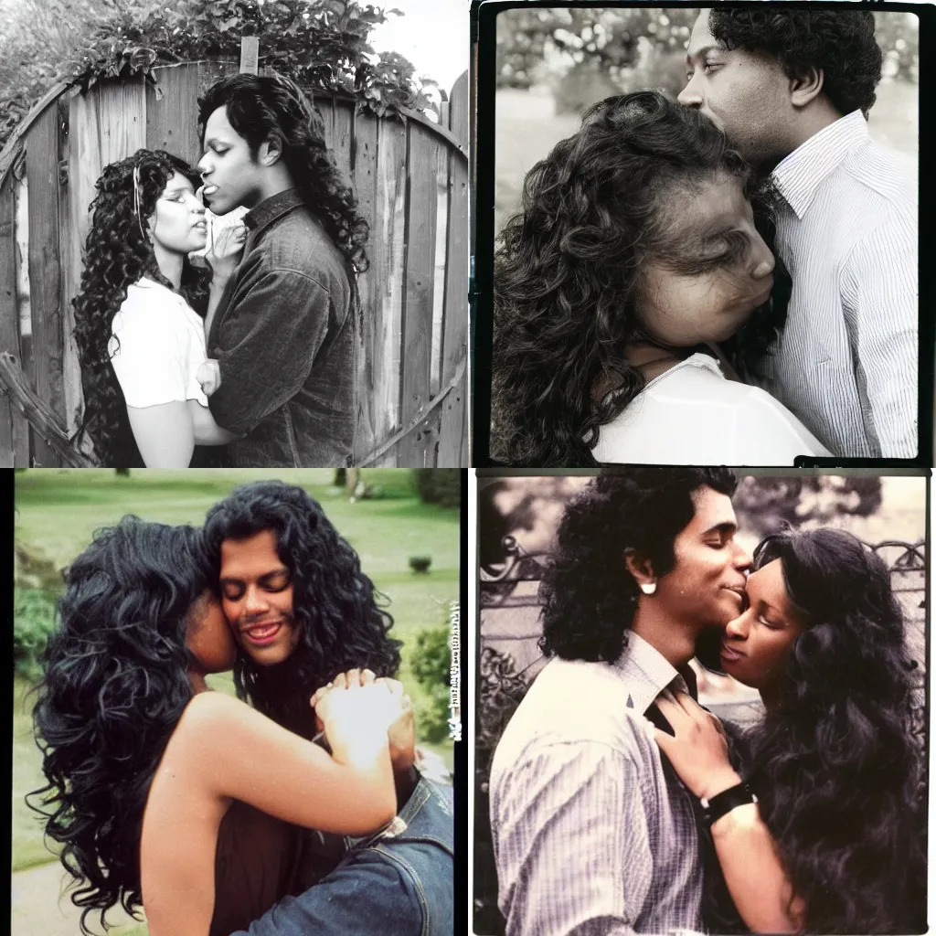 Prompt: a woman with dark brown skin and long black hair cascades down her back is kissing her husband while posing at a garden gate. His hair is styled in loose, wavy curls. His skin has a medium brown tone, and his eyes are a deep, rich brown. The image is a vintage 1980s Polaroid photograph