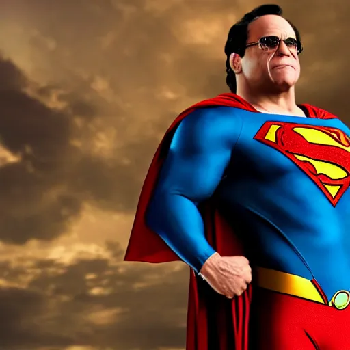 Image similar to Danny DeVito as Superman, 8k, highly detailed, Unreal Engine render