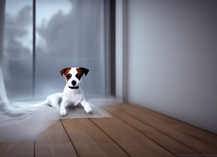 Image similar to photography of a Jack Russel . watching outside the window. on a bed .in a 3d rendered white room. octane render, 3d, foggy, volumetric light, volumetric fog, photorealistic, unreal engine 5, award winning photo, 100mm, sharp, cloth, high res