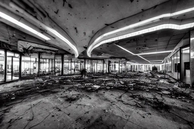 Prompt: low wide angle photo of a abandoned cyberpunk shopping mall with dead human bodies on the floor, a crew of high tech soliders are running out, cinematic lightning, ray tracing, unreal engine, photorealistic, detailed, dark, moody, foggy, scary