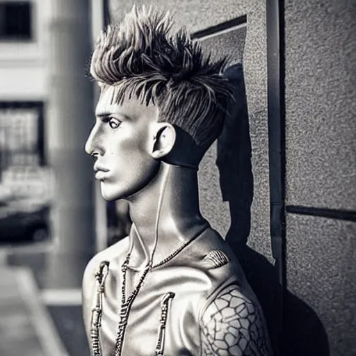 Image similar to “a realistic detailed photo of a guy who is an attractive humanoid who is half robot and half humanoid, who is a male android, rapper Machine Gun Kelly, shiny skin, posing like a statue, blank stare”