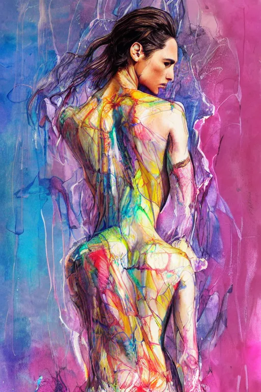 Image similar to gal gadot by agnes cecile enki bilal moebius, intricated details, 3 / 4 back view, full body portrait, extremely luminous bright design, pastel colours, drips, autumn lights