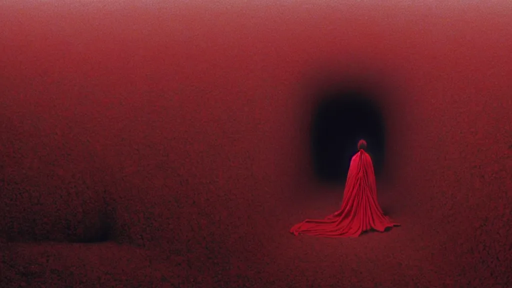 Prompt: a warped tunnel of irregular red and black checkerboard pattern swallows a woman draped in a white gown, film still from the movie directed by Denis Villeneuve with art direction by Zdzisław Beksiński, wide lens